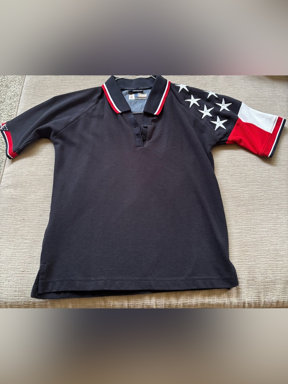 Women’s Patriotic Red White and Navy Polo with Star-Accent Sleeve